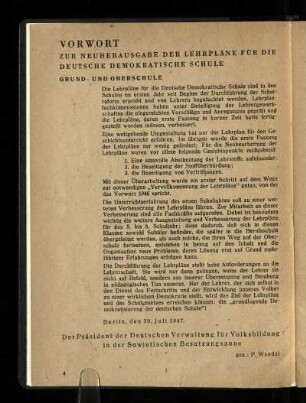 Vorwort zur Neuauflage der Lehrpläne für die Deutsche Demokratische Schule