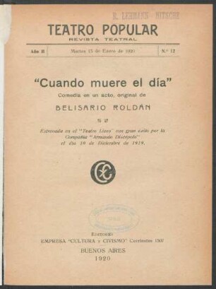 2.1920=Nr. 12: Cuando muere el día : comedia en un acto