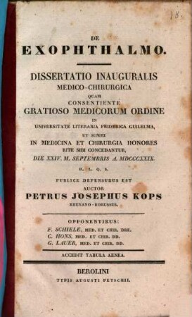 De exophthalmo : Diss. inaug. med. chir. ; cum tab. aen.