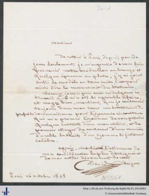 Brief von Pierre Jean David D'Angers an Carl Ritter