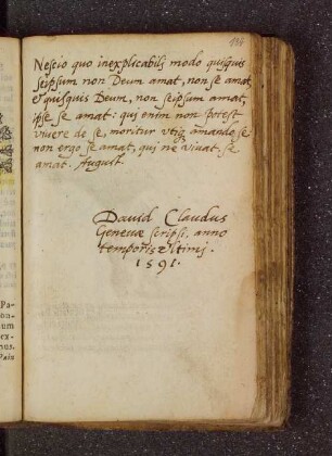 David Claudus. – Incipit: Nescio quo inexplicabili modo quisquis se ipsum non Deum amat. – Genf, 22.08.1591