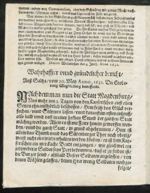 Wahrhaffter unnd gründtlicher bericht/ Auß Saltza/ vom 20. May Anno, 1631. Die Eroberung Magdenburg betreffendt.