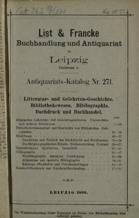 Lager-Verzeichnis, 271. 1896