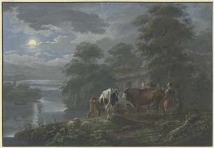 Mondscheinlandschaft an einem Fluß, Hirte und Hirtin treiben das Vieh zum Hof