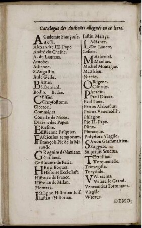 Catalogue des Autheurs allegues en ce livre.