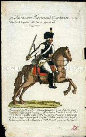 Uniformdarstellung, Gemeiner des Kürassier-Regiments Zezschwitz, Österreich, 1796. Tafel aus: Geschichte und bildliche Vorstellung der Regimenter des Erzhauses Österreich.