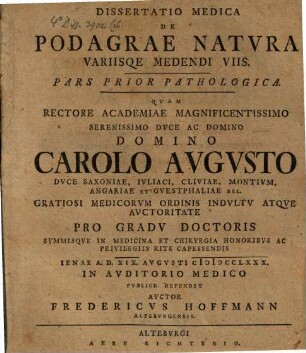 Diss. med. de podagrae natura, variisque medendi viis : Pars prior path.
