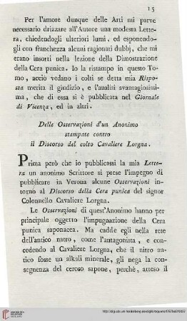 II:Delle Osservazioni d´un Anonimo stampate contro il Discorso del solto Cavaliere Lorgna