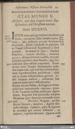 Aetas Mundi V. [sic] A Cyro, aut fine Captivitatis Babylonicae, ad Christum natum. Anni DXXXVI.