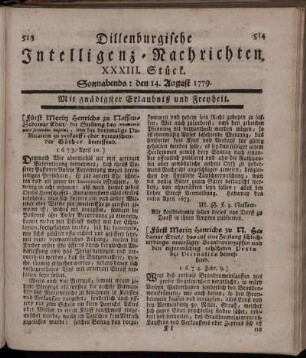 XXXIII. Stück. Sonnabends: den 14. August 1779.