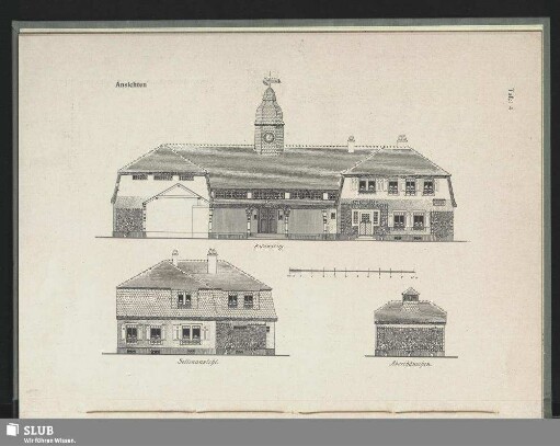 Ansichten [Hof- und Seitenansicht], Schule der Gemeinde Neu-Eibau, Oberlausitz