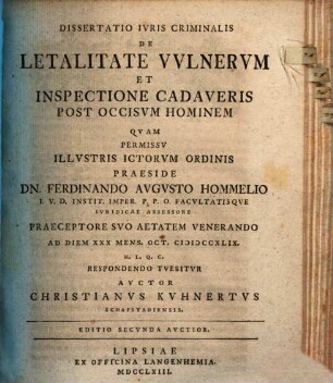 Dissertatio Ivris Criminalis De Letalitate Vvlnerum Et Inspectione Cadaveris Post Occisvm Hominem