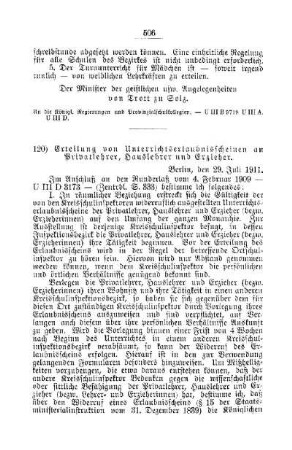 Erteilung von Unterrichtserlaubnisscheinen an Privatlehrer, Hauslehrer und Erzieher : [E. Öffentliches Volksschulwesen]