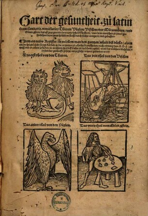 Gart der Gesundheit : zu latin Ortus sanitatis ; von allerley Thieren, Vöglen, Vischen oder Mörwundern, und edlem Gstein ; daruß gezogen von den natürlichen Meistern, was dem Menschen zu seiner Gesundheit dienet ; ... corrigiert, und gebessert ; item ein neüw Register ...