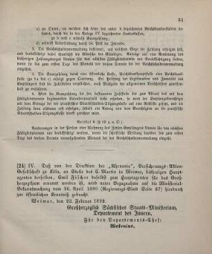 24. Ministerial-Bekanntmachung, den Wechsel in der Hauptagentur der "Rhenania", Versicherungs-Aktien-Gesellschaft zu Köln betreffend
