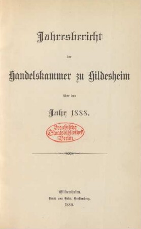 1888: Jahresbericht der Handelskammer zu Hildesheim