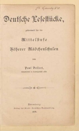 Deutsche Lesestücke : gesammelt für die Mittelstufe höherer Mädchenschulen