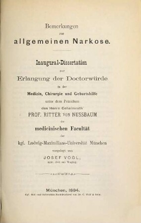 Bemerkungen zur allgemeinen Narkose : Inaug.-Diss.
