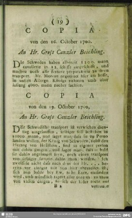 Copia von den 19. October 1700