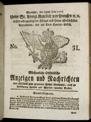 No. 31. Montags, den 29ten July 1776.