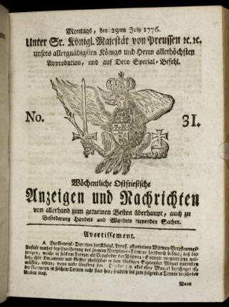 No. 31. Montags, den 29ten July 1776.