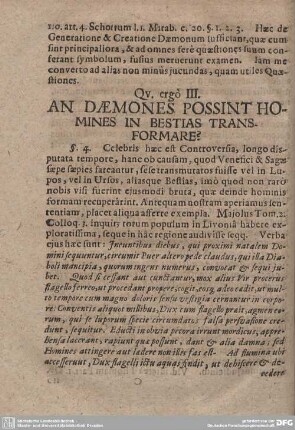 Qu. ergo III. AN DAEMONES POSSINT HOMINES IN BESTIAS TRANSFORMARE?