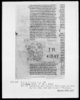 Bibel — Initiale V (ir erat), darin Job mit seinen drei Freunden, Folio 7verso