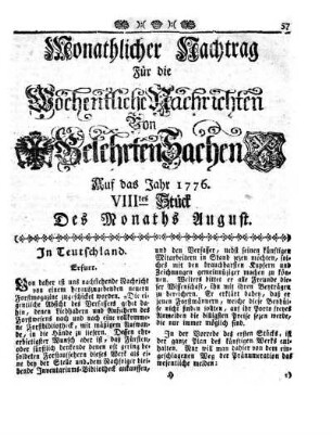 Monathlicher Nachtrag [...] Auf das Jahr 1776. VIIItes Stück Des Monaths August
