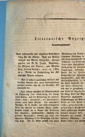Literarische Anzeige. Neue systematische und allgemeine Erdbeschreibung für alle Stände. Nach den Bestimmungen des Wiener Congresses ... : [Prospekt]