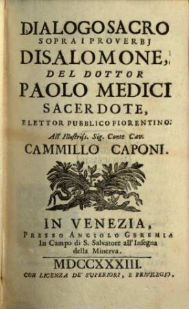 Dialoghi Sacri Sopra La Divina Scrittura, 20. I Proverbj Disalomone