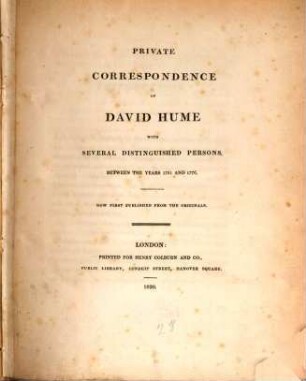 Private Correspondence of David Hume with distinguished Persons between the years 1761 and 1776