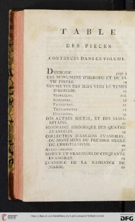 Table des pièces contenues dans ce volume