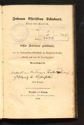 Johann Christian Schubart, Edler von Kleefeld : eine dessen Andenken gewidmete, von der ökonomischen Gesellschaft im Königreich Sachsen gekrönte und von ihr herausgegebene Preissschrift