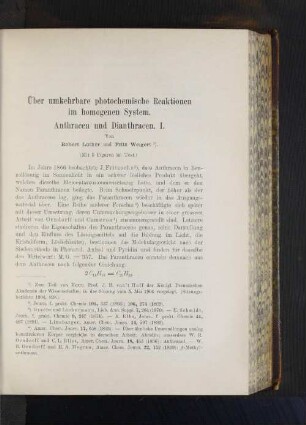 Über umkerhbare photochemische Reaktionen im homogenen System. Anthracen und Dianthracen. I.