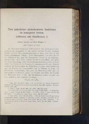 Über umkerhbare photochemische Reaktionen im homogenen System. Anthracen und Dianthracen. I.
