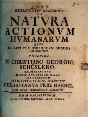 Exercitatio acad. de natura actionum human.