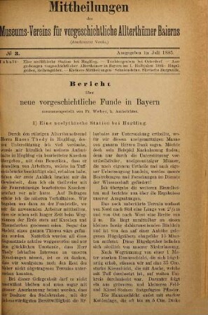 Mittheilungen des Museums-Vereins für Vorgeschichtliche Alterthümer Baierns. 1/4. 1885