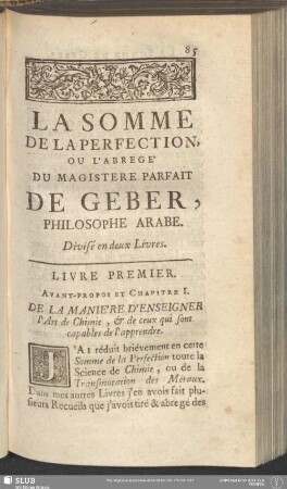 La Somme De La Perfection, Ou L'Abregé Du Magistere Parfait De Geber, Philosophe Arabe