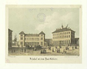 Bahnhof und Postgebäude am Bahnhofsplatz. 1855