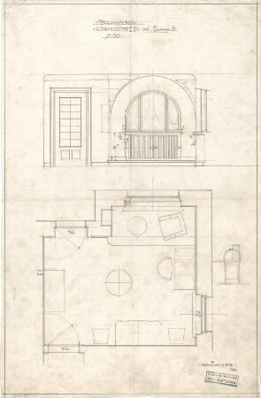 Littmann, Max; Bocksberg; Hofgut, Landhaus - Wohnzimmer (Grundriss, Teilansicht m. Schnitt)
