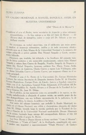 Un calido homenaje : A Manuel Sanguily, ayer, en nuestra universidad ; (Del "Diario de la Marina")