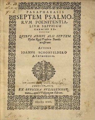 Parapharasis septem Psalmorvm poenitentialivm sapphico carmine exposita