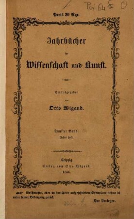 Jahrbücher für Wissenschaft und Kunst. 5. 1856