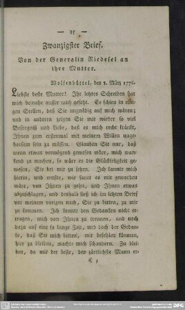 Zwanzigster Brief. Von der Generalin Riedesel an ihre Mutter : Wolfenbüttel, den 3. März 1776