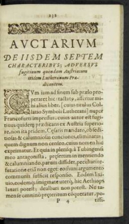 Auctarium De Iisdem Septem Characteribus; Adversus fugitivum quendam Austriacum itidem Lutheranum Praedicantem.