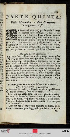 Parte quinta: Della Meccanica, o Arte di movere e trasportar Pesi.