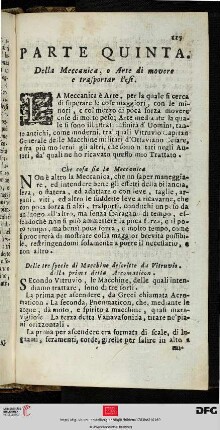 Parte quinta: Della Meccanica, o Arte di movere e trasportar Pesi.