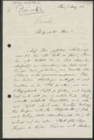 Brief von Johannes Reinke an Unbekannt