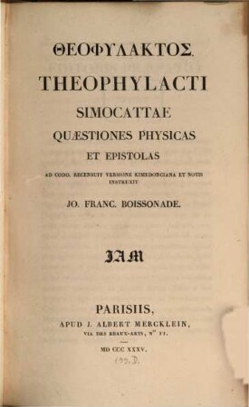 Theophylacti Simocattae Quaestiones physicas et epistolas