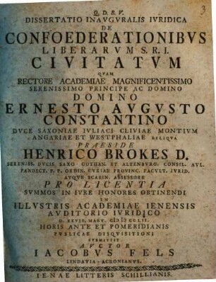 Dissertatio Inavgvralis Ivridica De Confoederationibvs Liberarvm S. R. I. Civitatvm
